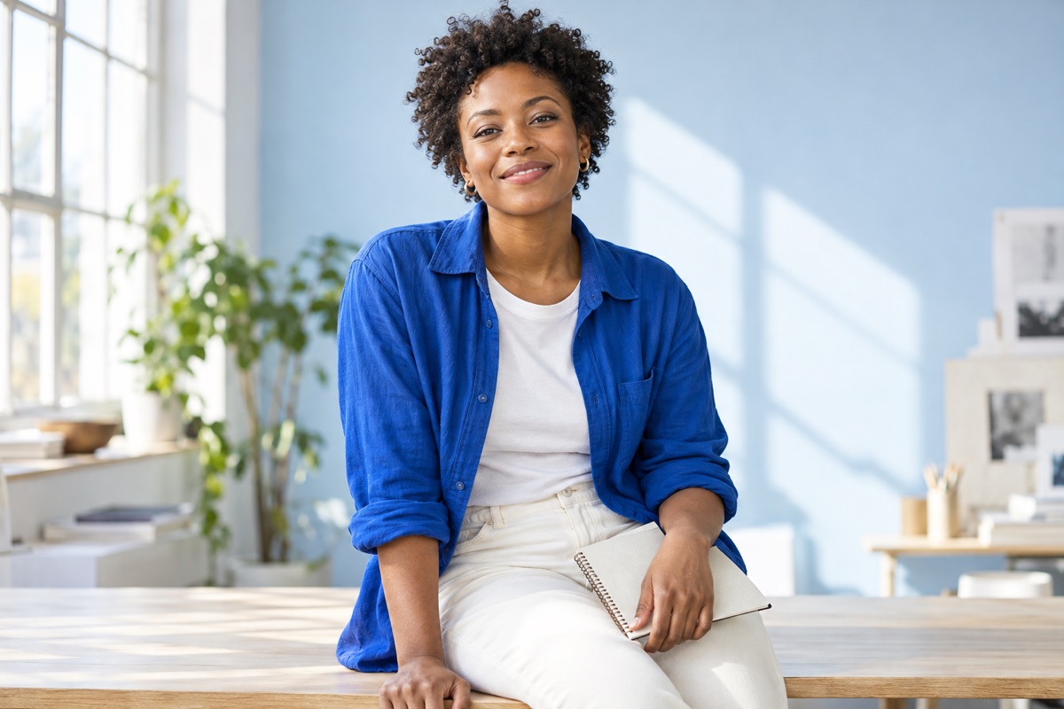 Uma mulher de camisa azul em um criativo de campanha de serviços